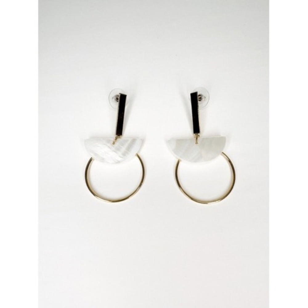 Gold Post Shell Half Moon Circle Geometric Dangle Earrings